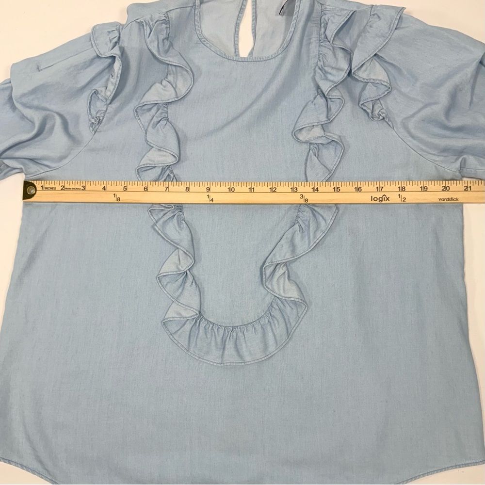 Light Blue Chambray Ruffle Denim Blouse Zara Cottagecore Boho Top Size L Large - Picture 4 of 7